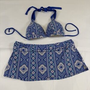 Swim Systems 2 Piece Bikini Swimsuit Set XL Skirt & Top D Cup Blue Geometric